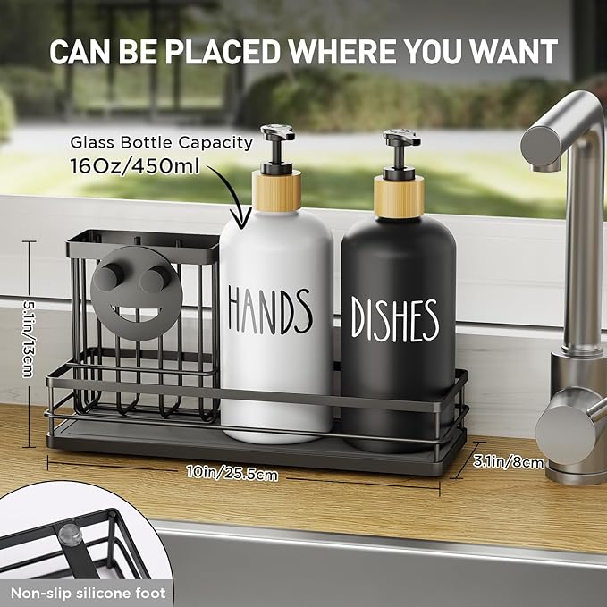 Moforoco Kitchen Dish Soap Dispenser Set, 16OZ Glass Bottle, Hand and Dish Soap