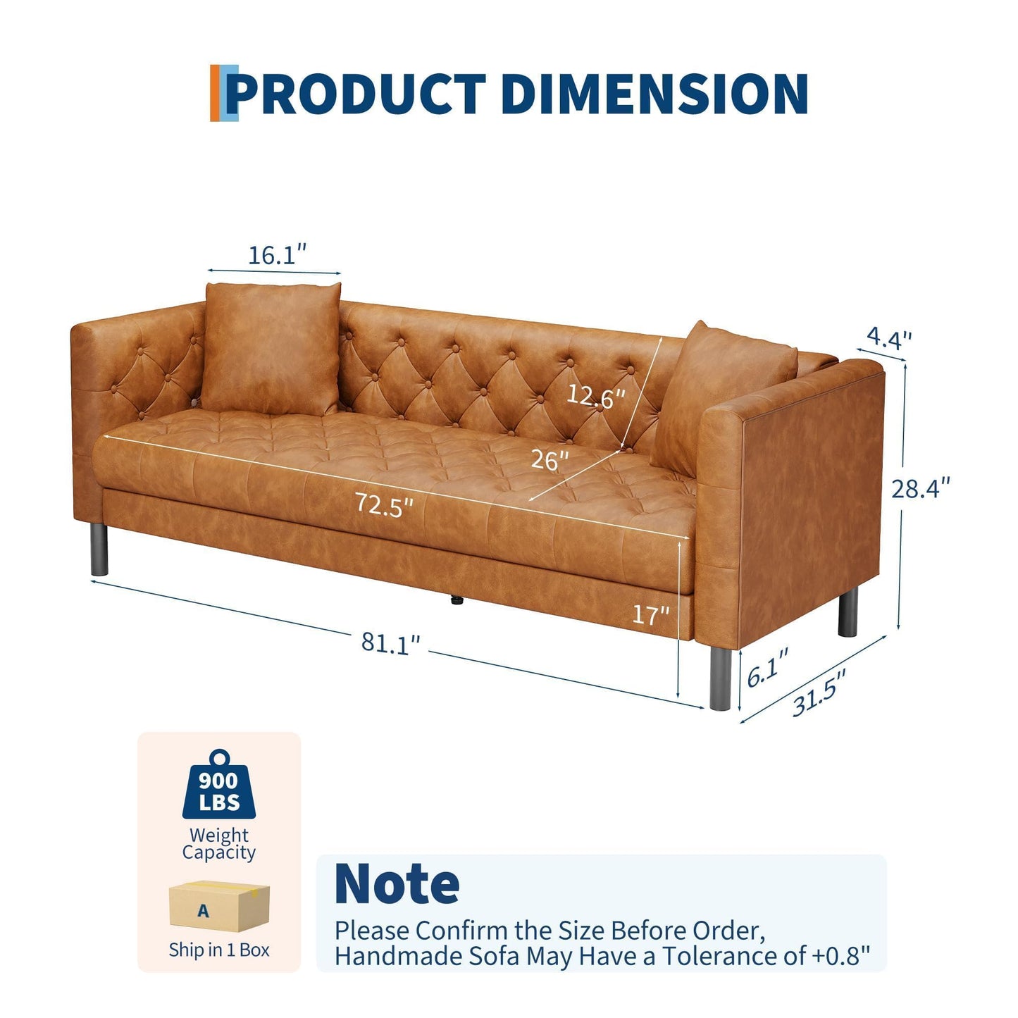 GarveeHome 81" Leather Couch for Living Room, Chesterfield Sofa with Deep Seat, Handmade Button Tufted 3 Seater Sofa, Modern Leather Sofa for Apartment, or Office, Cognac Tan