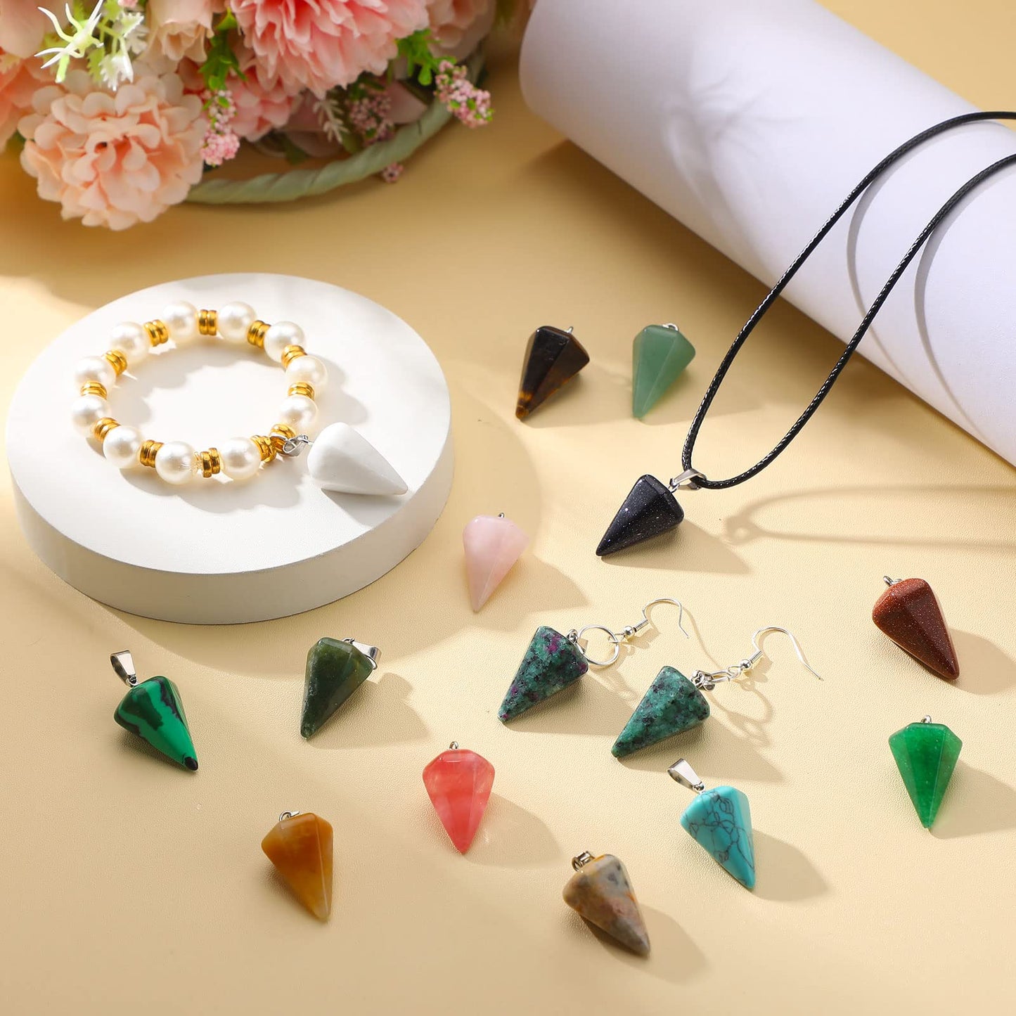 Fumete 50 Pieces Cone Pendulum Crystal Pendants Healing Stone Charms for Jewelry Making DIY Necklace Divination Witchcraft Accessories, 25 Colors
