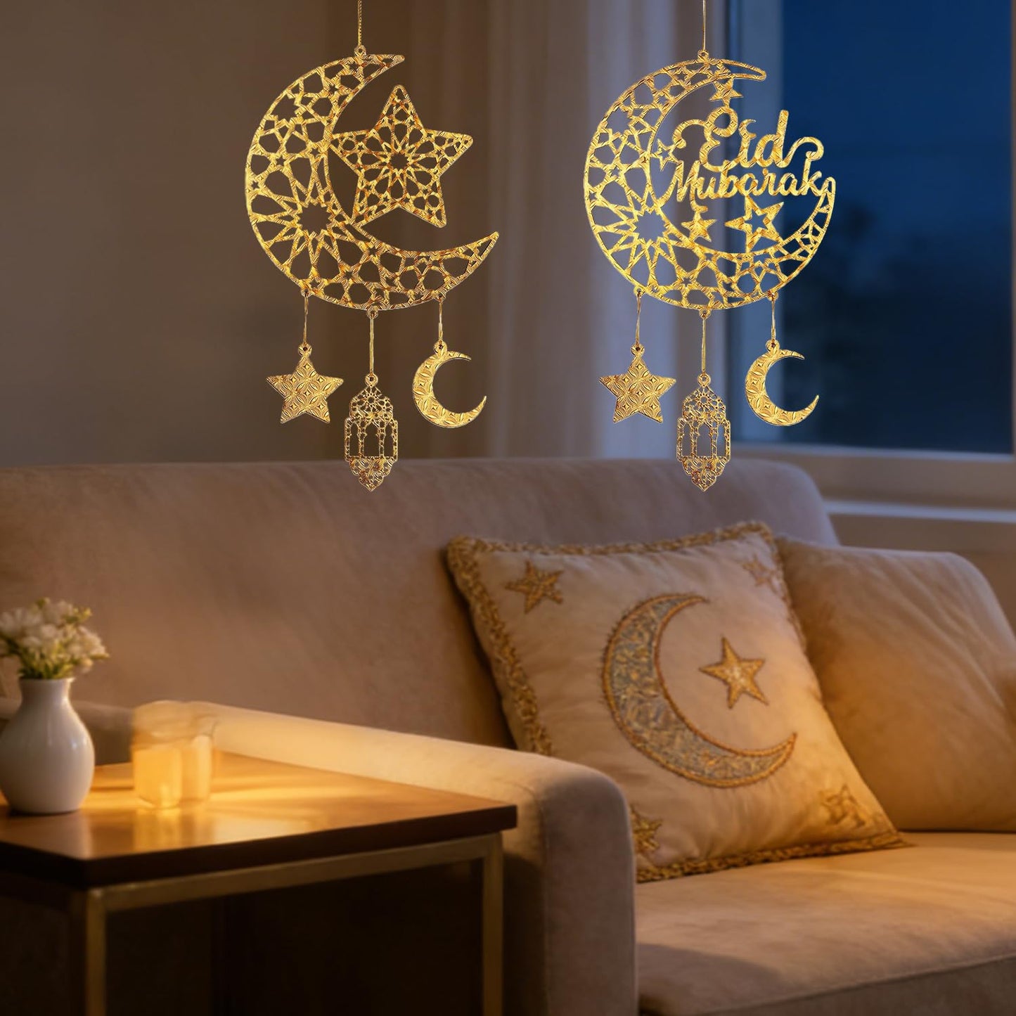 iLifemate Eid Decorations for Home, Eid Mubarak Moon & Star Wooden Hanging Ornaments – Gold Islamic Crescent Moon for Eid al-Fitr Sign, Muslim Home Decor, Eid Gifts, Ramadan Party Wall Door Wreath