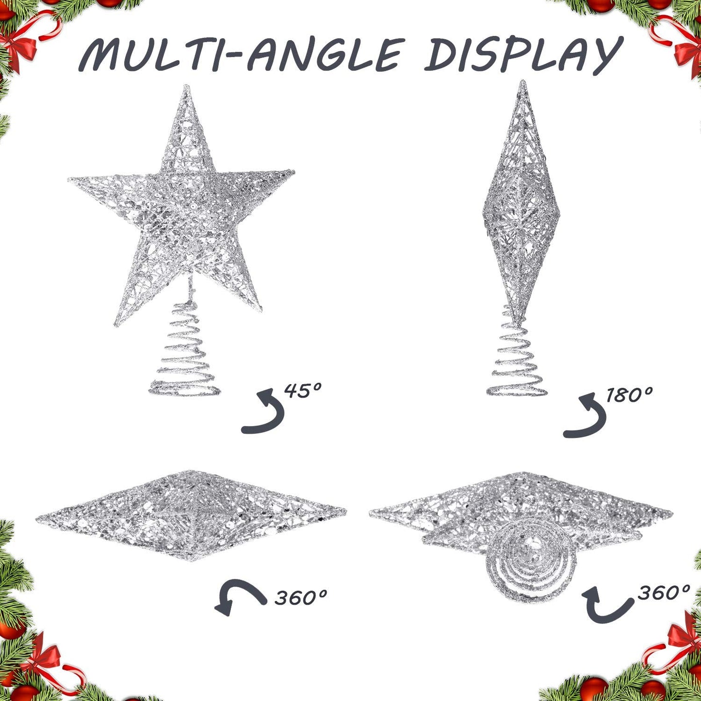 Blulu 10 Inches Sliver Christmas Star Topper Xmas Tree Topper Glitter Treetop Star for Christmas