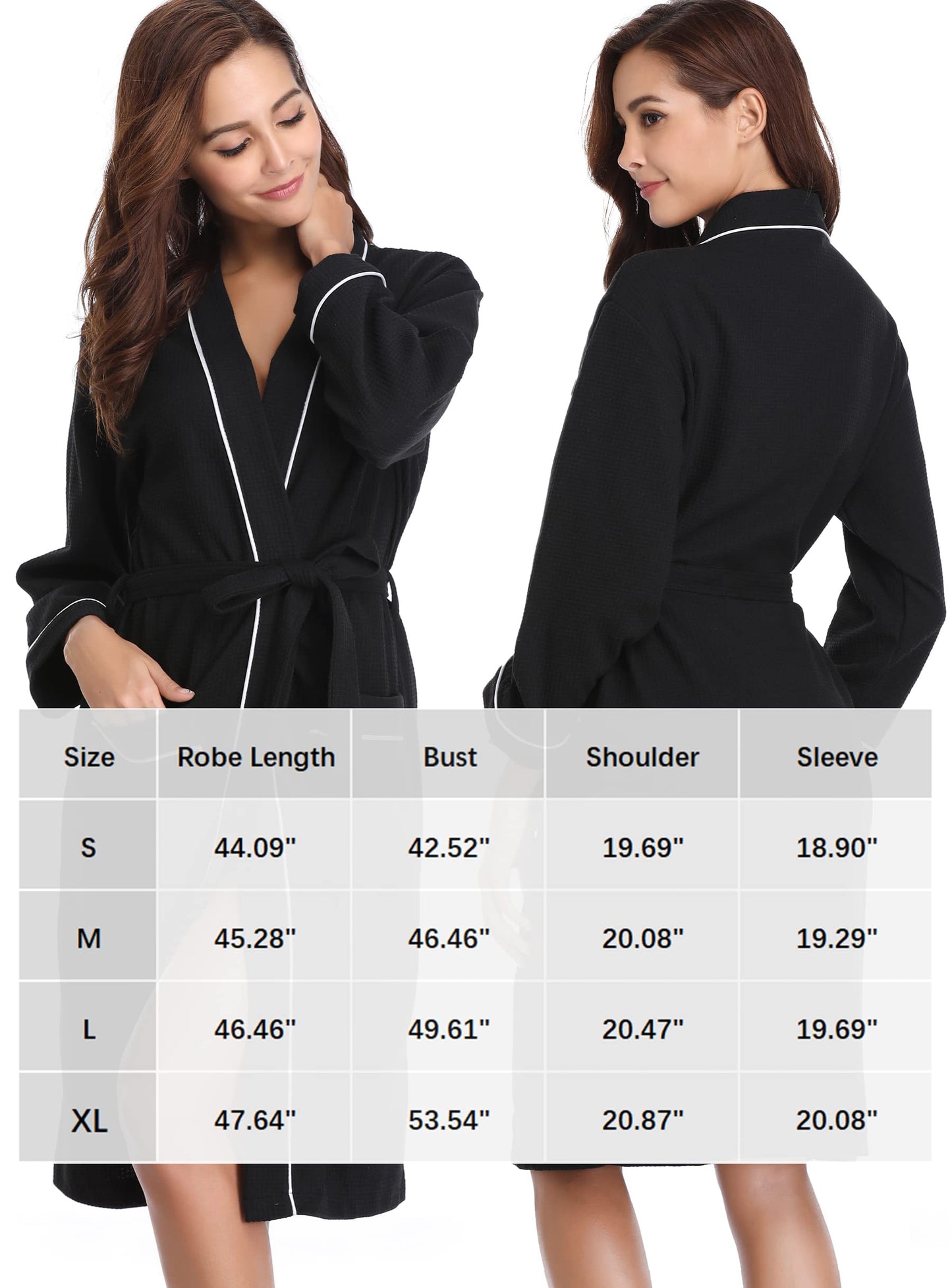 Vlazom Waffle Dressing Gowns Unisex Kimono Robe Cotton Lightweight Bathrobe for All Seasons Spa Hotel Sleepwear, Black-style a, L