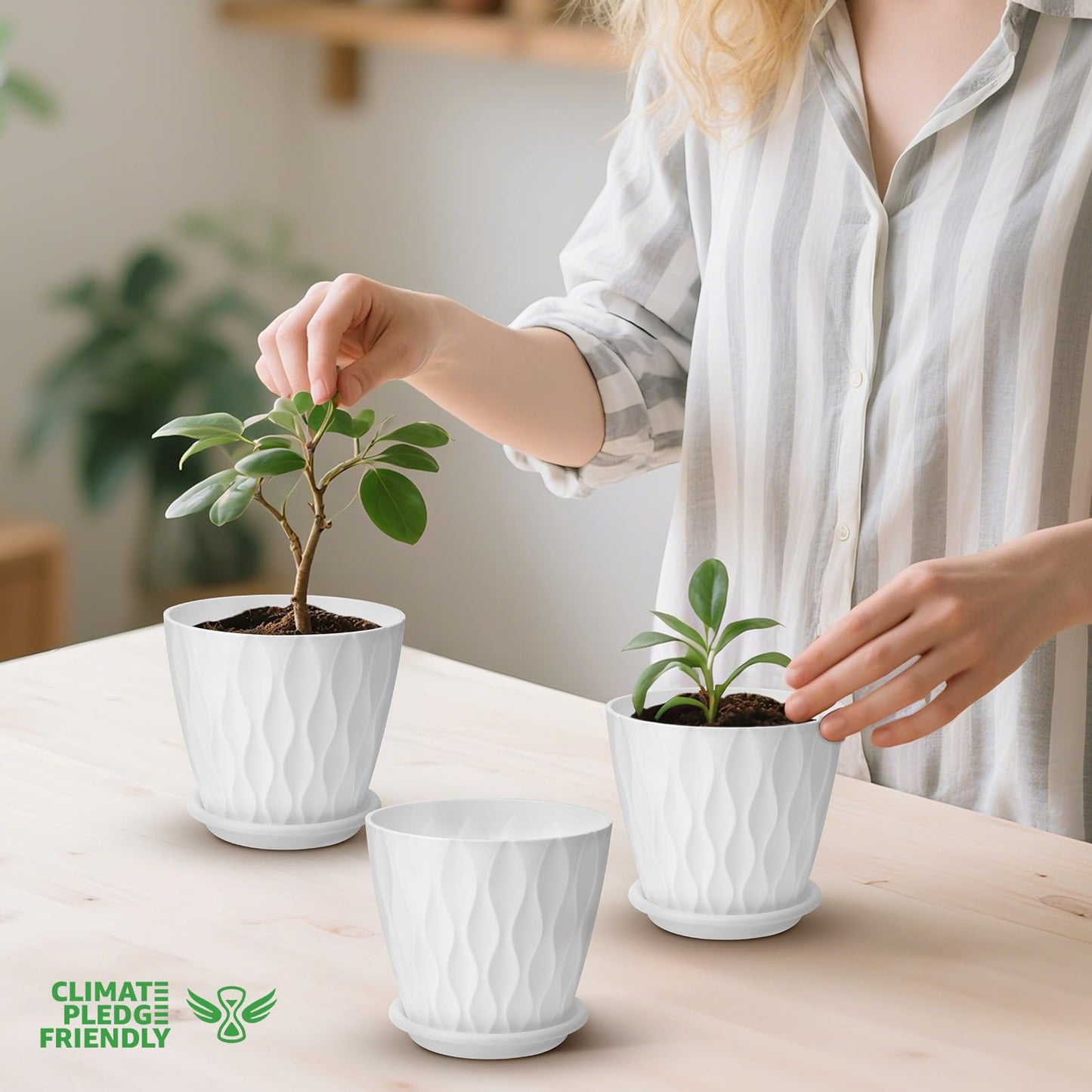 YNNICO 4 inch Plant Pots, 5 Pack Flower Pots Outdoor Indoor, Planters with Drainage Holes and Tray Saucers（White）
