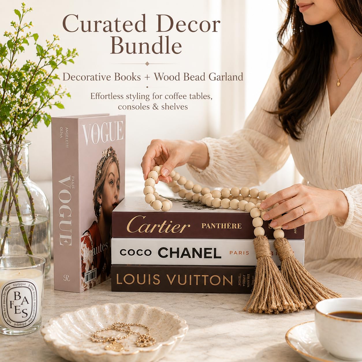 PROBENEX Faux Book Set + Wood Bead Garland Bundle, Luxe Shelf Decor