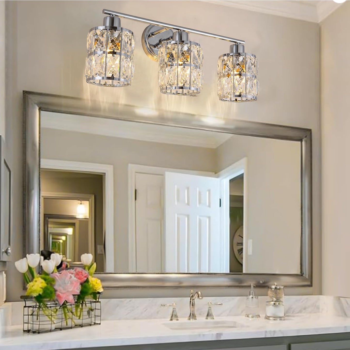 CALDION 3-Light Crystal Wall Lights Bathroom Vanity Light Fixtures, Modern Chrome Vanity Lighting Over Mirror Crystal Wall Sconces Lighting for Bedroom Restroom Bath Cabinet Powder Room, E26 Base