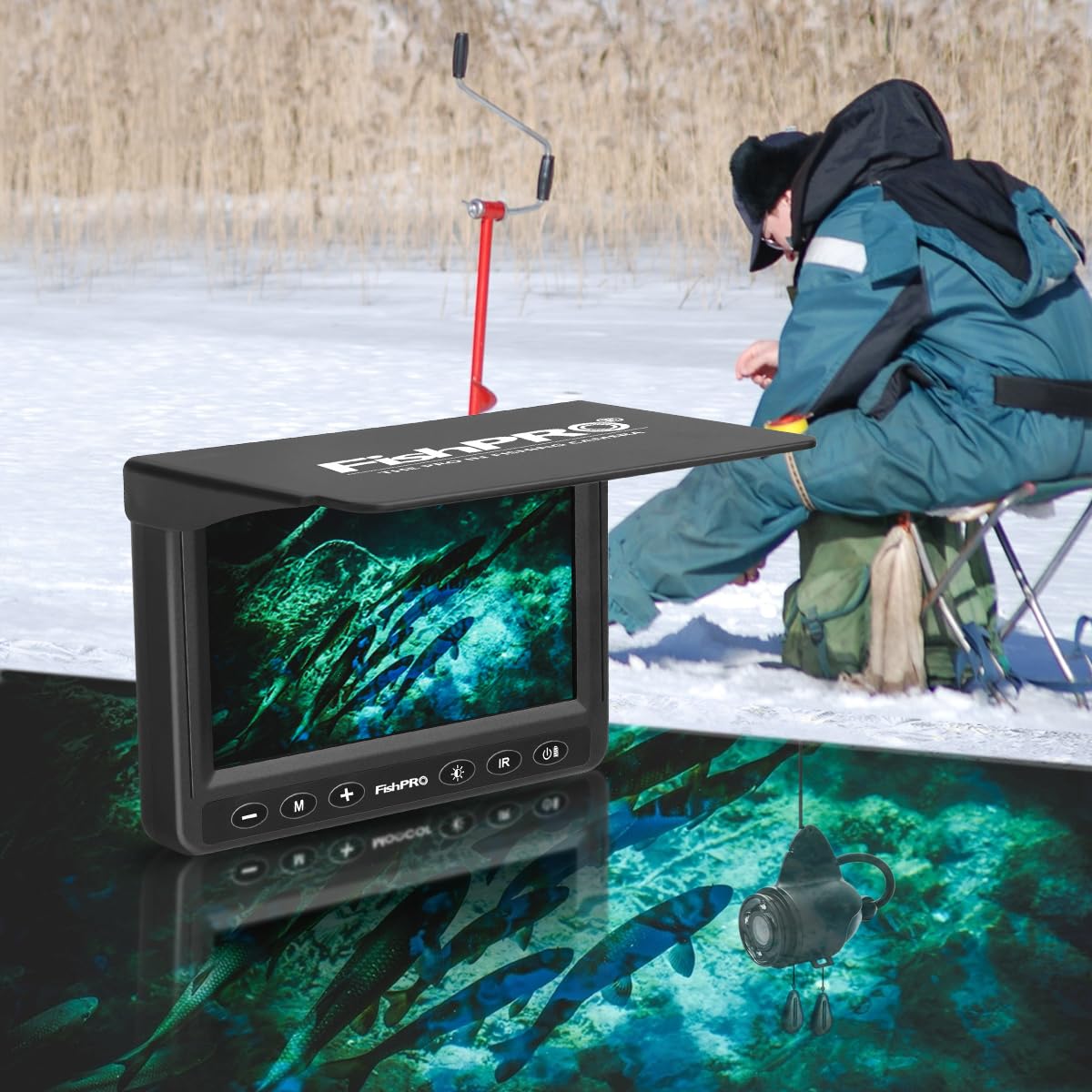 [FishPRO® 2026 Upgrade] Underwater Fishing Camera 4.3'' HD 1000 TVL, Pocket Ice Fishing Camera Underwater for Fish, Portable Fish Finder w/LCD Monitor, IR+LED for Ice Lake Sea Boat Kayak Fishing