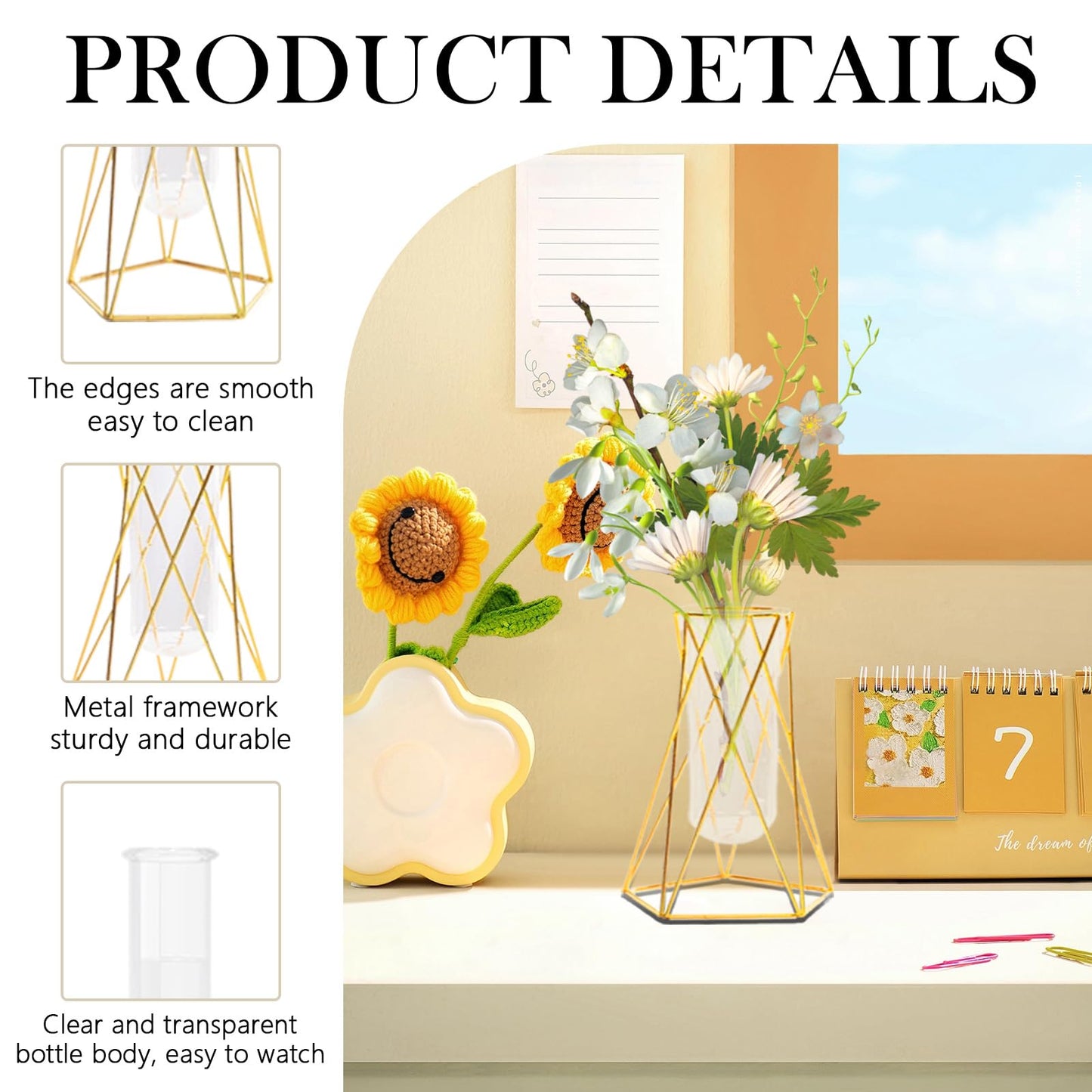 Hyuetrsa 12 Pcs Gold Geometric Vase for Centerpieces, Glass Vase with Metal Flower Stand Hydroponic Plant Test Tube Modern Vases for Wedding Home Decor（6.3 Inch）