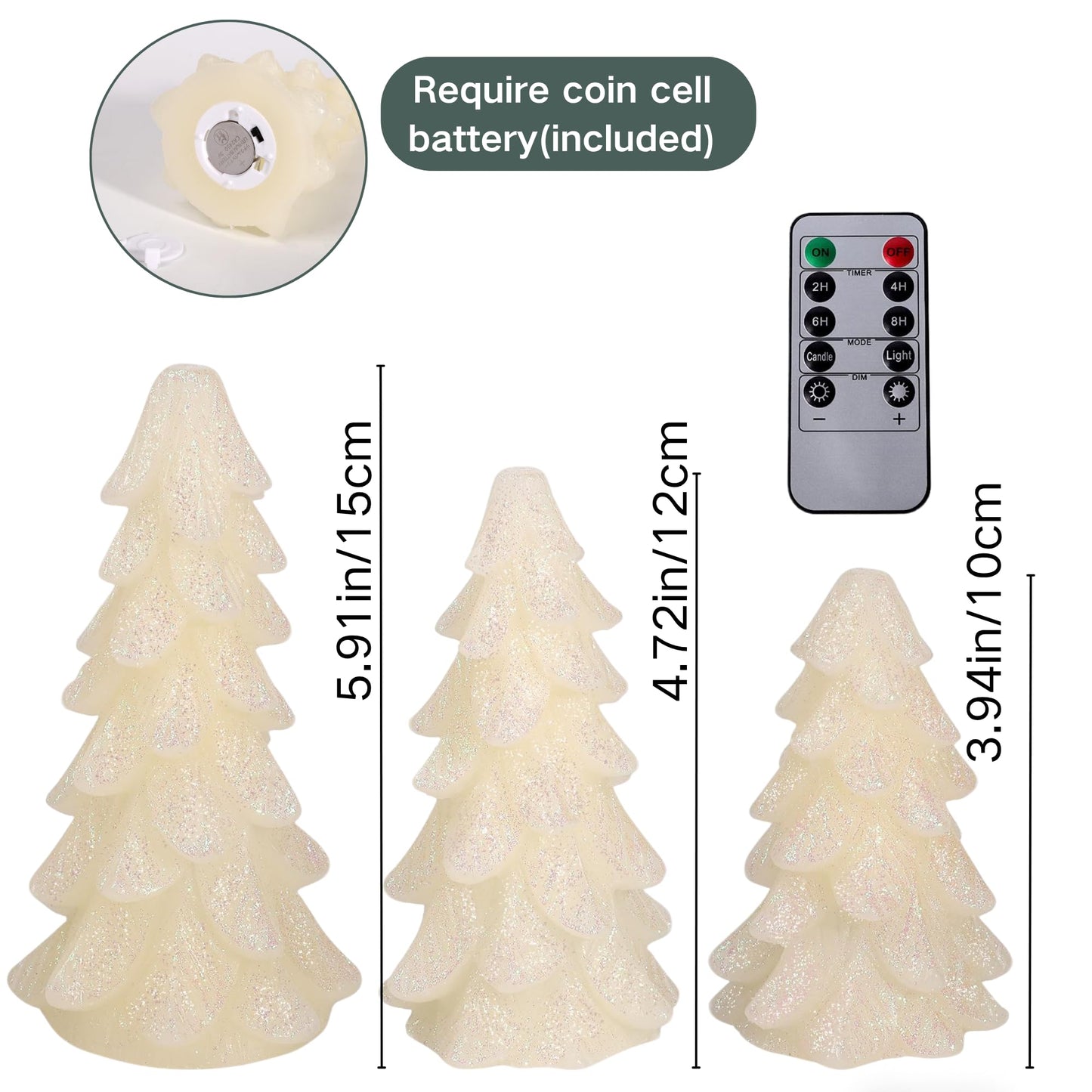 Peninpha 3Pcs Christmas Tree Candles with Remote Timer, Flickering Real Wax LED Flameless Candles Battery Operated for Xmas Winter Décor, White Glittering