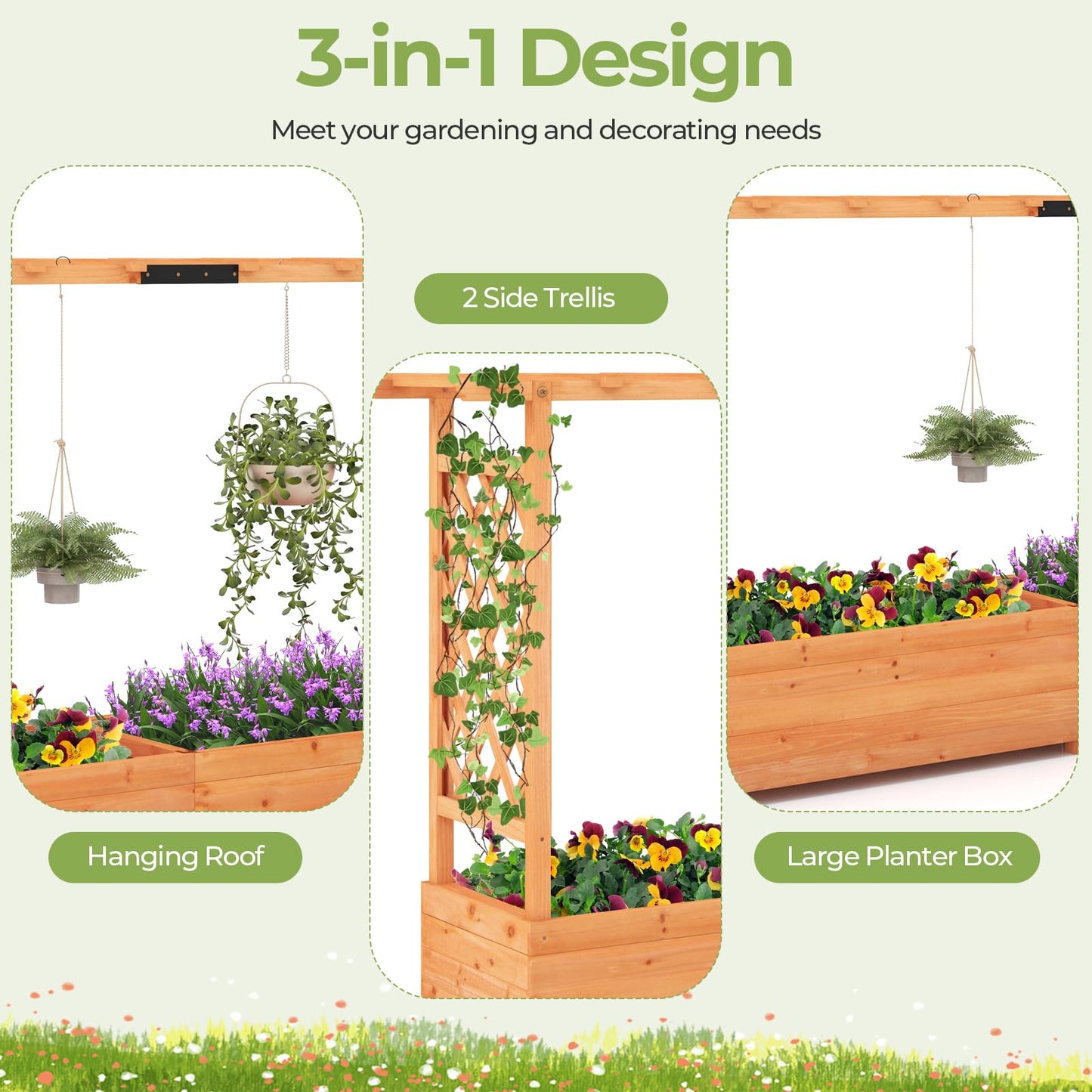 HAPPYGRILL Raised Garden Bed with Trellis, Freestanding Wood Planter Box w/Hanging Roof & 8 Drainage Holes for Vine, Climbing Plants, Flowers, Outdoor Planter with Trellis for Garden, Patio, Yard