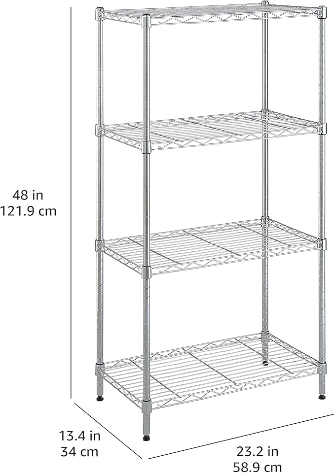 Amazon Basics 4-Shelf Adjustable Storage Shelving Unit for Garage, Steel Wire Rack, 200 Pound Loading Capacity per Shelf, 13.4"D x 23.2"W x 48"H, Chrome