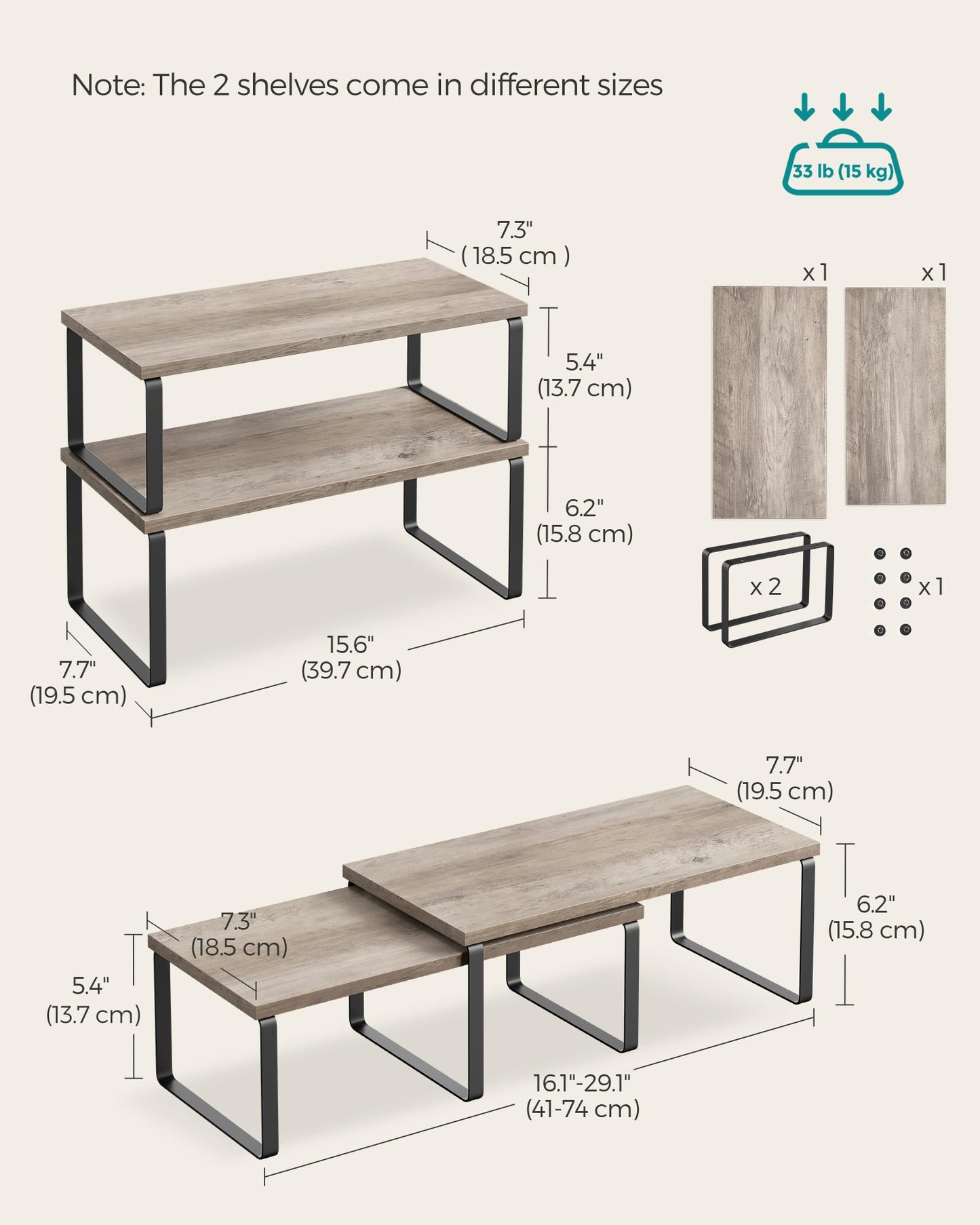 SONGMICS Cabinet Organizer Shelf, Set of 2 Kitchen Counter Shelves, Kitchen Storage, Spice Rack, Stackable, Expandable, Metal and Engineered Wood, Ink Black and Natural Beige UKCS02NB