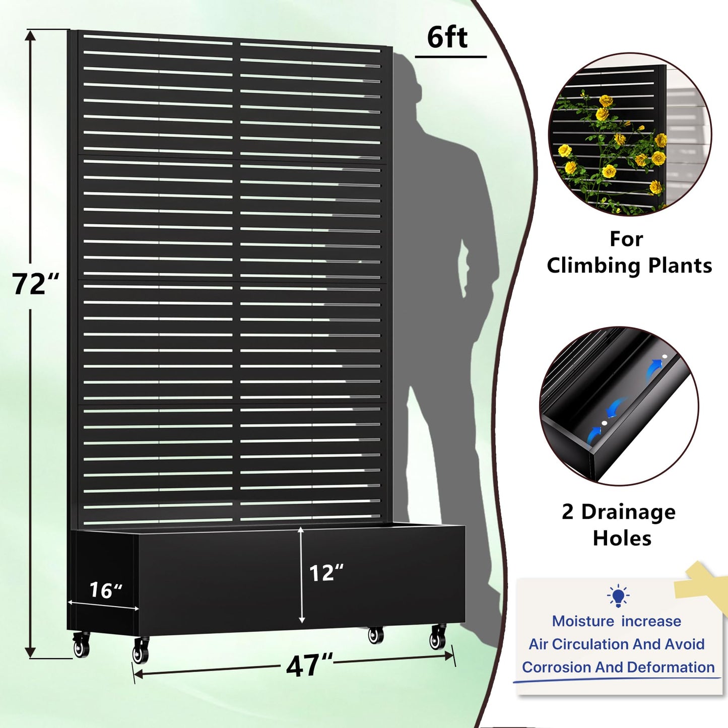GTSABWAY Metal Planter Box with Trellis,72"x47"x16"Galvanized Steel Outdoor Raised Garden Bed with Privacy Screen,with Drainage Holes & Lockable Casters for Climbing Plants,Vegetables,and Vines(BYC)