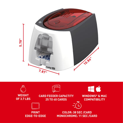 Badgy200 Plastic Card Printer with Badge Studio+ ID design software for full color, custom, tamper proof ID badges in seconds