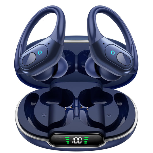 occiam Active Noise Cancelling Earbuds Wireless Bluetooth Headphones Ear Buds 90Hrs Playback Stereo Bass Earphones with Mic Over-Ear Hooks IPX7 Waterproof Headset for Work Sports Running Gym Deep Blue