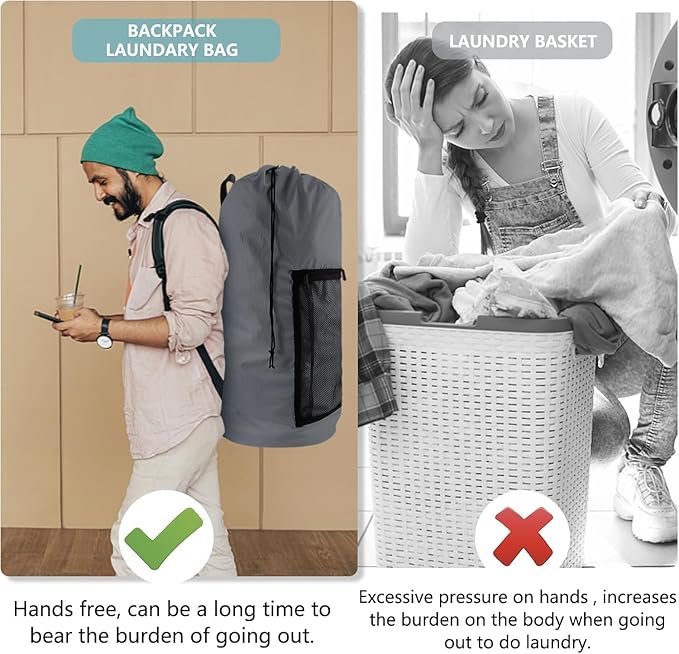 Laundry Bag Backpack with Shoulder Straps and Mesh Pocket Laundry Backpack