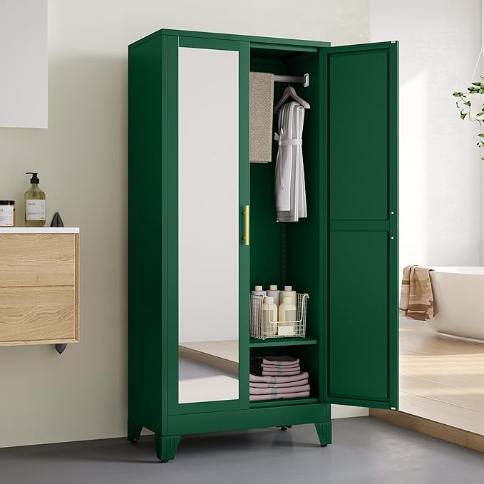 71" Metal Armoire Wardrobe Closet, Steel Clothing Storage Cabinet