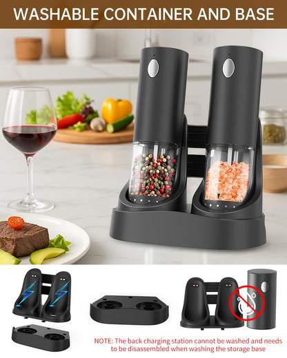 CIRCLE JOY Electric Salt and Pepper Grinder Set Rechargeable Pepper Mill Grinders with Charging Base, External Adjustable Coarseness, 95ml Container and White LED Light, Black