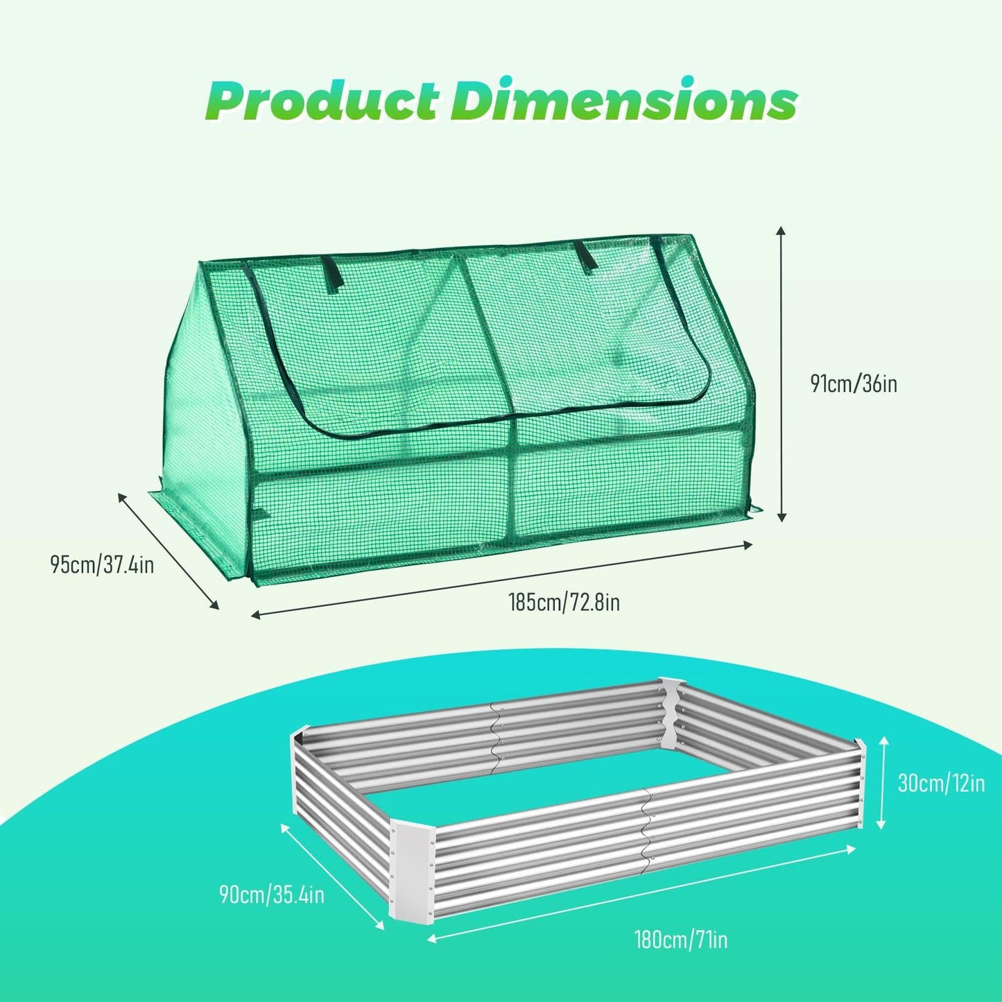Portable Raised Garden Bed with Mini Greenhouse, 6 x 3 x 1 FT Galvanized Metal Planter Box with 2 Roll-up Zipper Windows PE Cover for Ventilation, Small Greenhouse for Outside Flower Herb Garden
