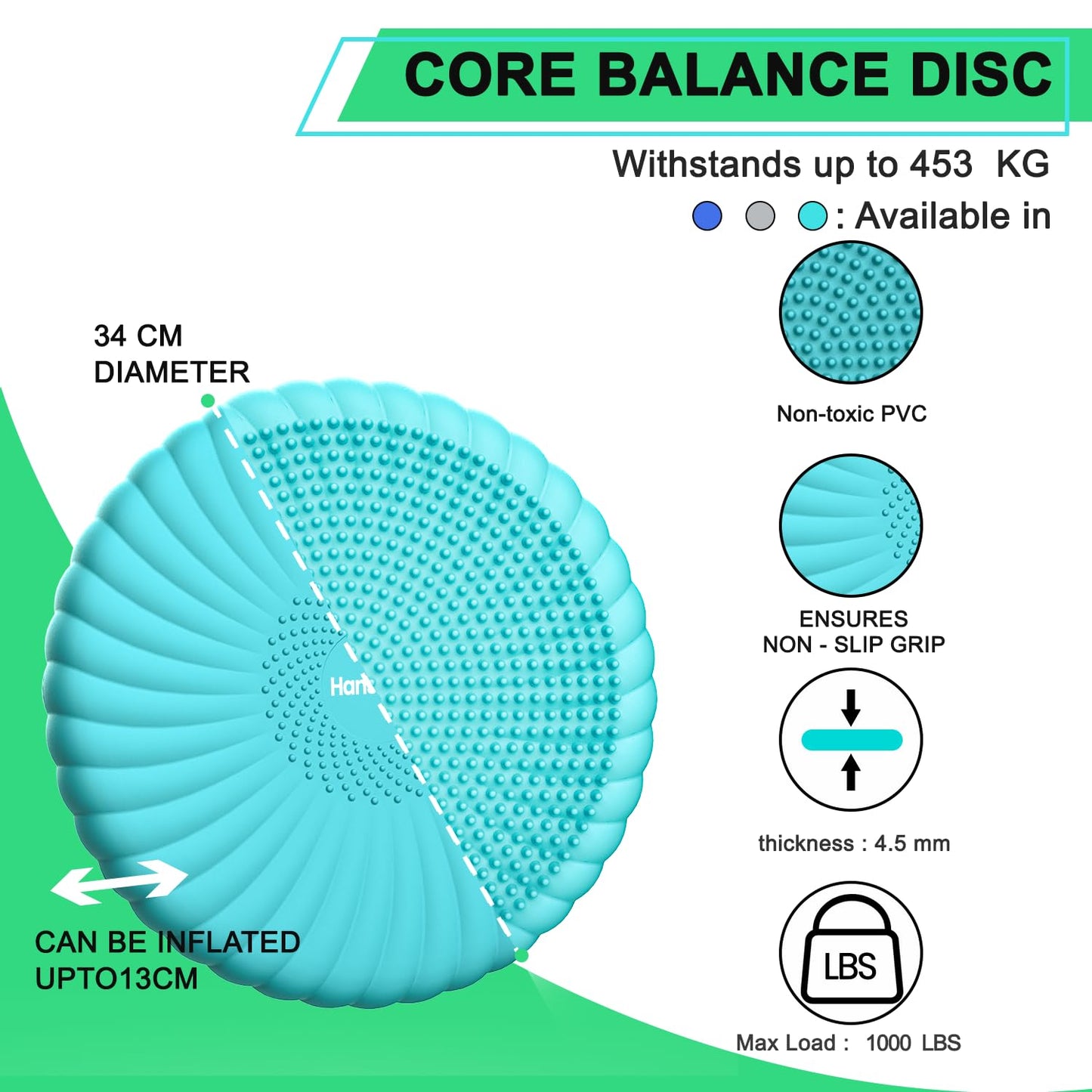 Hanstuten Wobble Cushion Core Balance Disc, Inflated Wiggle Seat Cushion to Improve Sitting Posture & Stay Focused, Non-slip Balance Pads for Physical Therapy & Core Strength(1Turquoise)