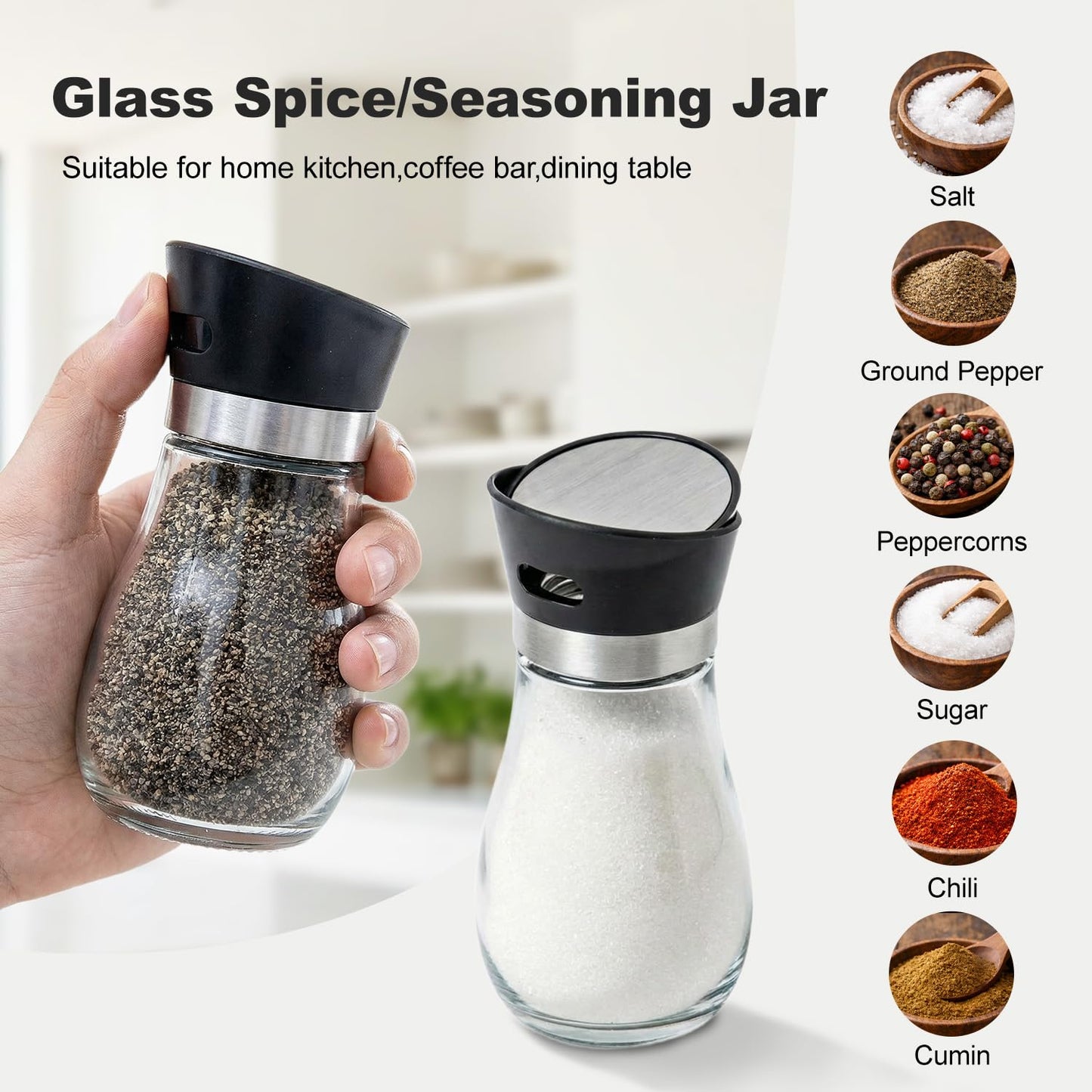 Salt And Pepper Shakers Set，Adjustable Rotating Cap Design For Precise Dose Control，Refillable Glass Jars With Matte Black Lids，Modern Kitchen Spice Containers，Kitchen Utensils