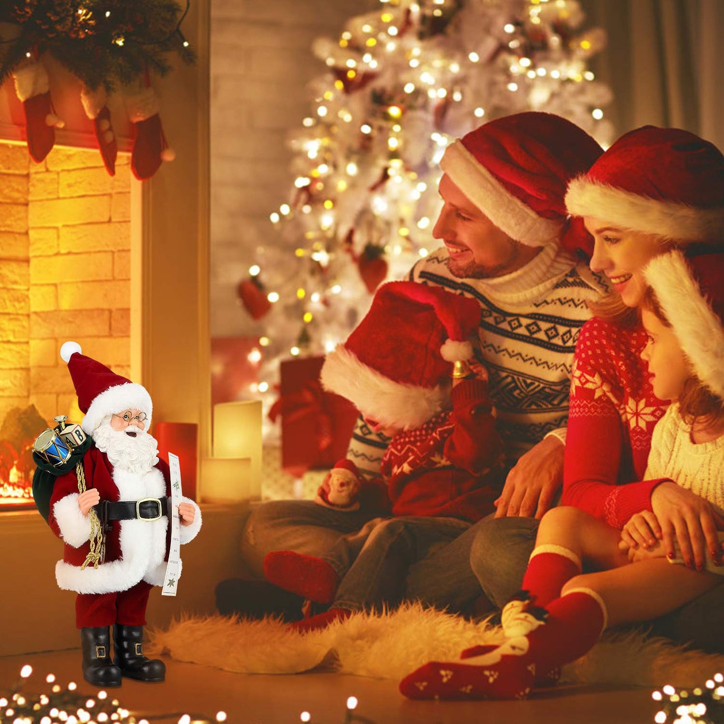 Uten Christmas Decorations, 11" Santa Claus, Christmas Figurine Figure Decor with Toys List and Black Gifts Bag for Holiday Party Home Decoration
