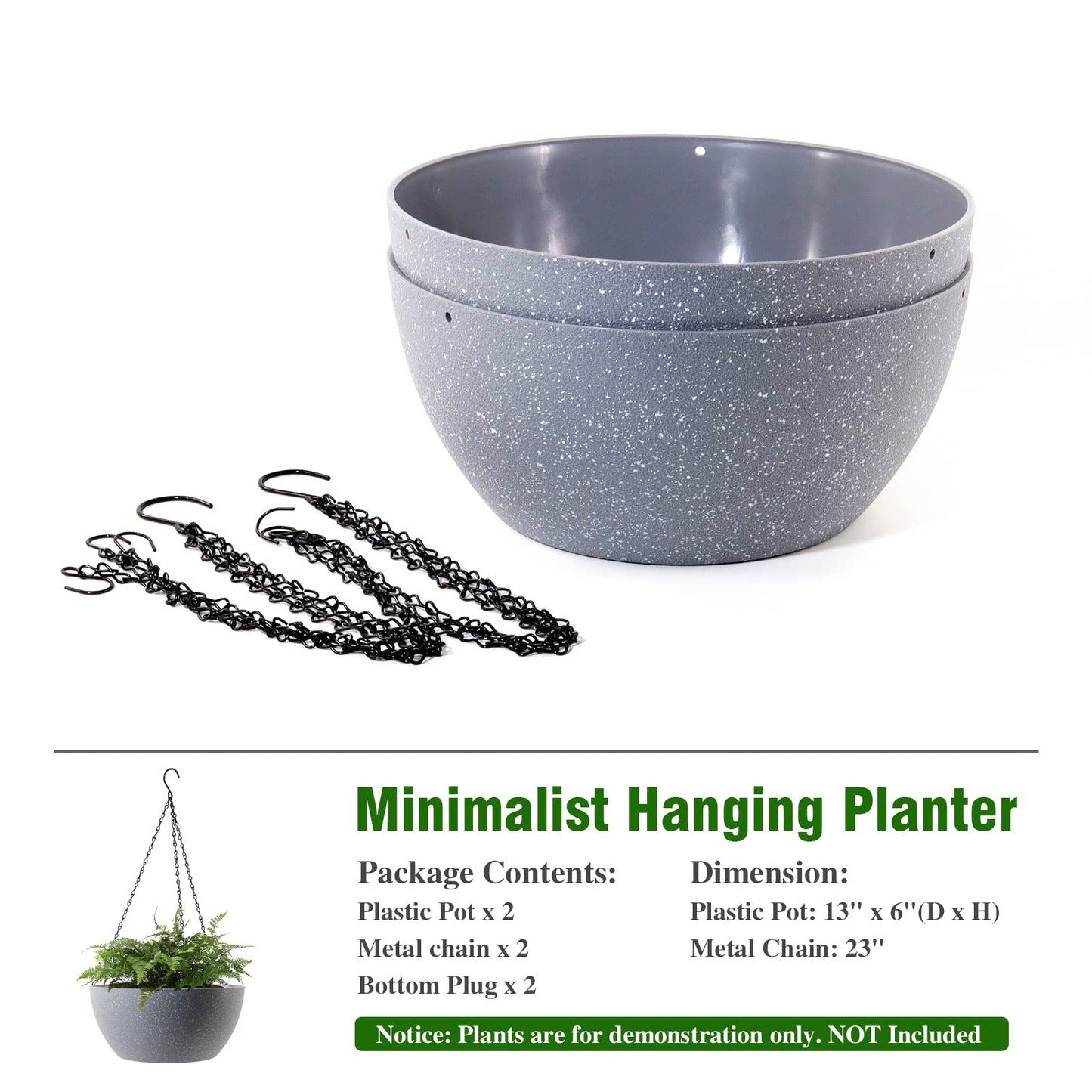 WSMKSZ 13 inch Large Hanging Planters Plant Pots for Outdoor Indoor Plants with Drainage Holes and Chain, 2 Pack Round Hanging Flower Pots for Garden Home Porch Decor, Speckled Grey