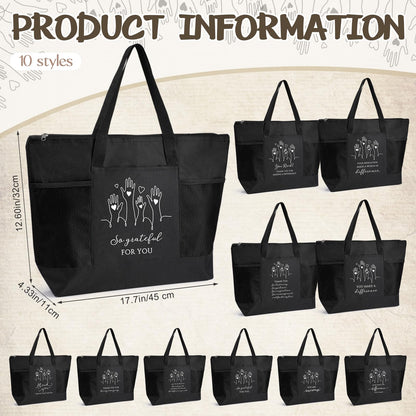 Paterr 10 Pcs Volunteer Appreciation Gifts Bulk Large Tote Bags with Zippered Mesh Pocket Inspirational Gift for Women Men(Black)
