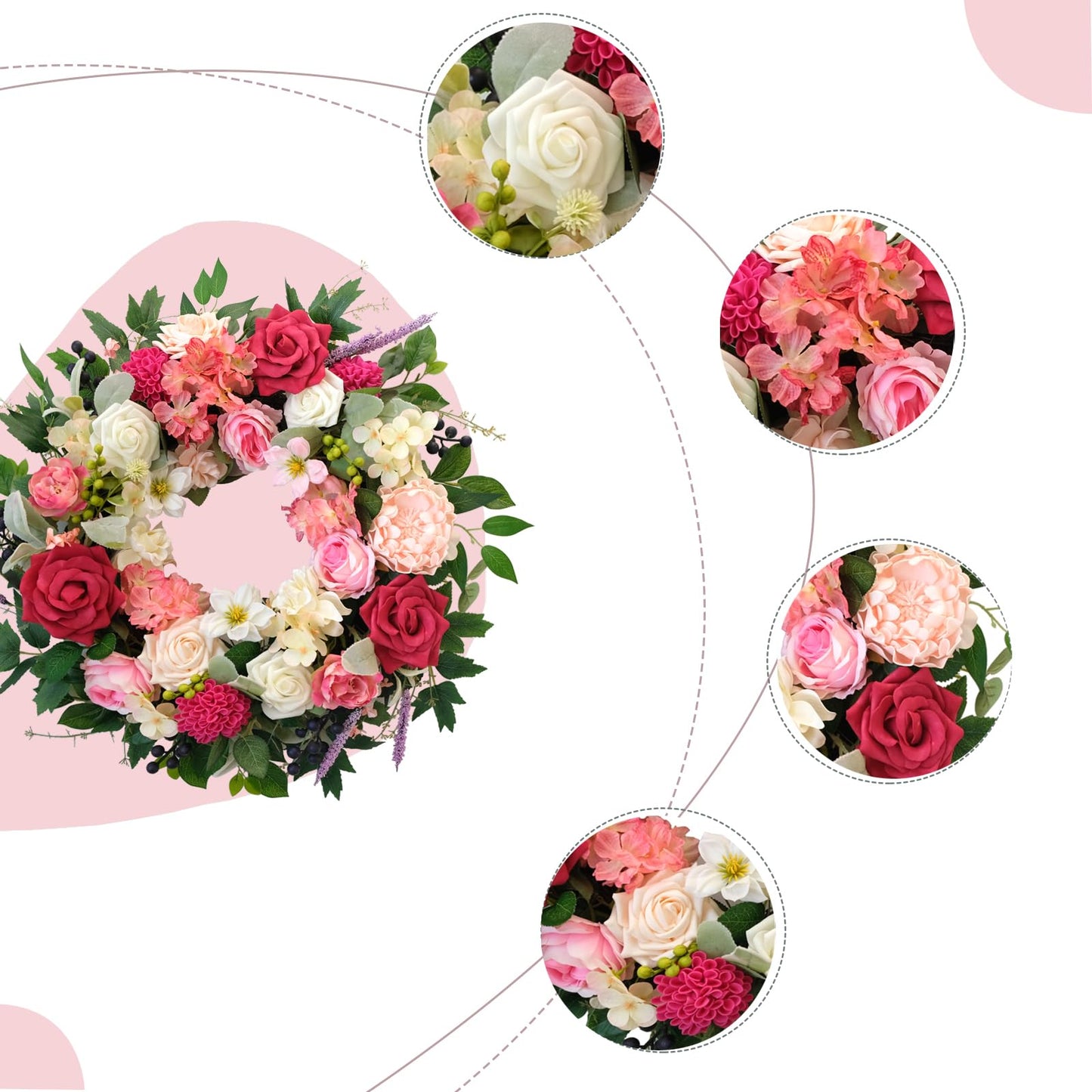 CIR OASES 22 Inch Spring/Summer Floral Wreaths for Front Door,Artificial Decoration Wreath with Rose Dahlia Hydrangea for Home Valentine Wedding Mothers Day Decor(RED)