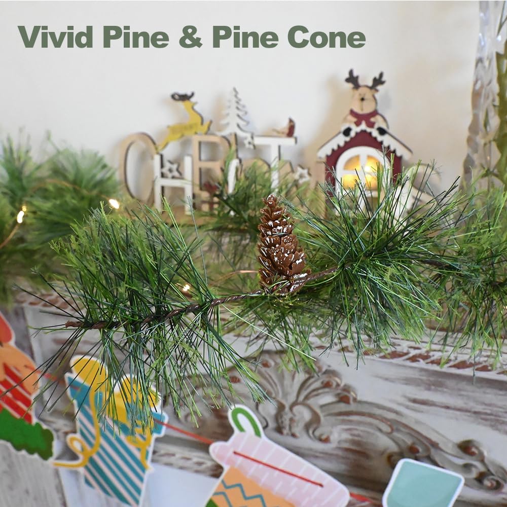 PALONMY Christmas Garland with Lights 6.56 FT Smokey Pine Garlands with 30 LED Fairy Lights Battery Operated Garland Lights with Pine Cones Artificial Greenery Garland Christmas Pre-lit Light for Home
