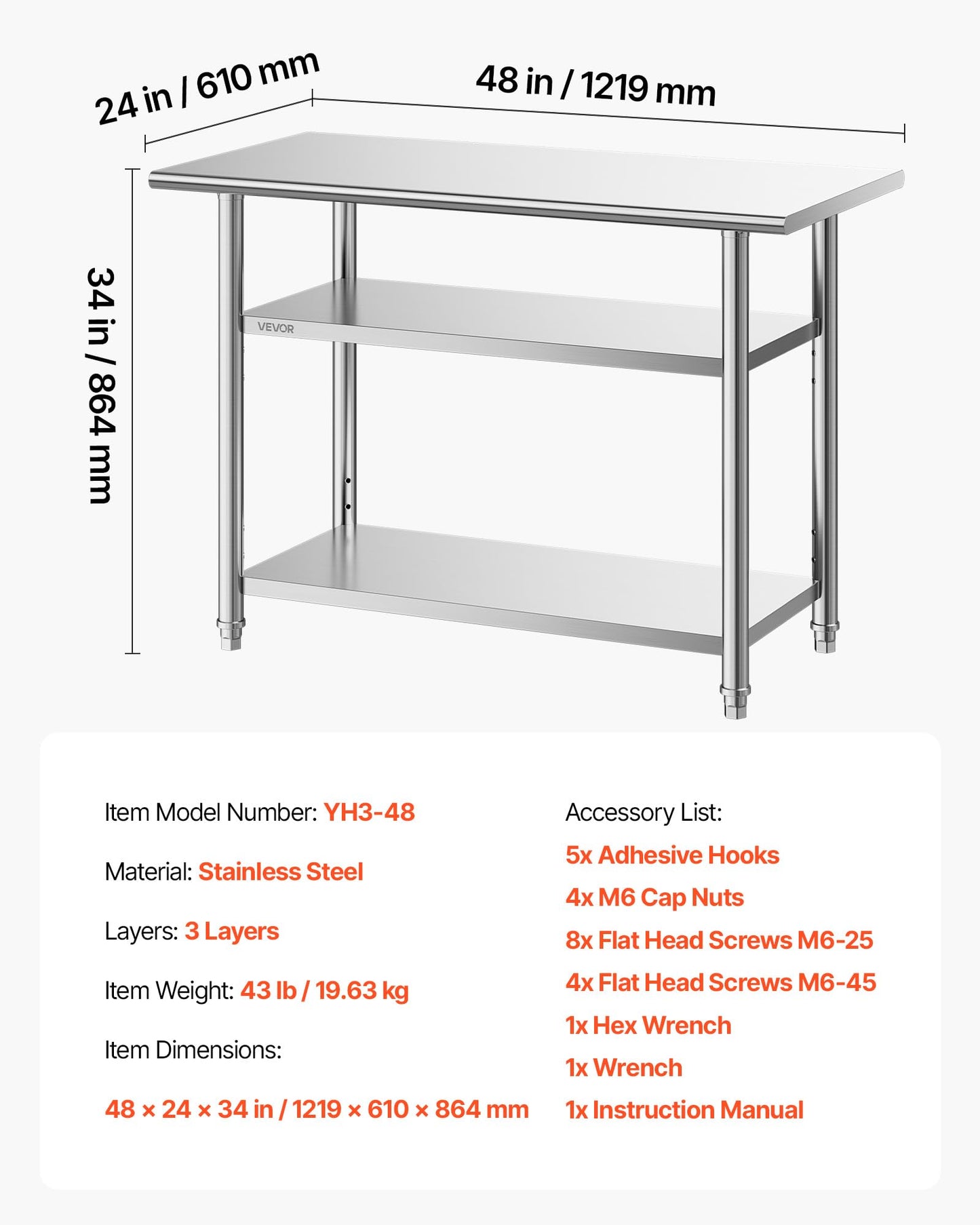 VEVOR Stainless Steel Work Table, 24x48 Inch Food Prep Table with 2 Shelves, Commercial Kitchen Workstation, Metal Heavy Duty Utility Worktable, for Restaurant Home Hotel Garage Outdoor