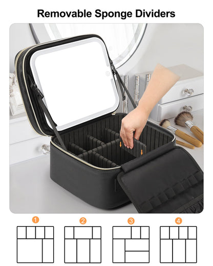 Relavel Travel Makeup Bag With LED Mirror, Cosmetic Train Case with Light up Mirror, Portable Makeup Artist Organizer Bag with Adjustable Dividers, Makeup Brush Holder Storage, Black