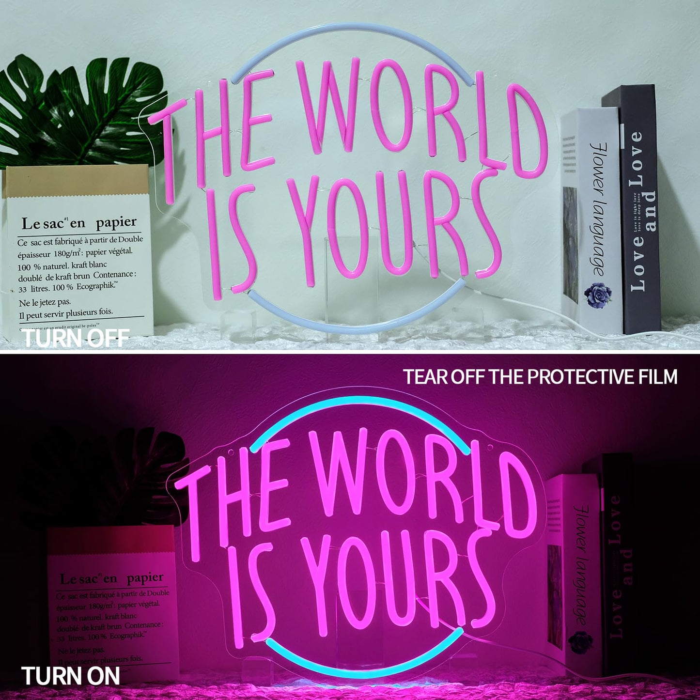 Runalosa The World is Yours Neon Sign for Room Decor Dimmable Blue Pink Girl Neon Light Sign Letters Led Signs for Wall Decor Bedroom Party Man Cave Bar Wedding Cafe Party Decor 15.7" x 12.4" Gift