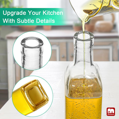 GMISUN Olive Oil Dispenser for Kitchen 4 Pack, Glass Oil Dispenser Bottle 17oz, Cooking Soy Sauce Bottle Container Cruet with Plastic Pourer Spout, Funnel and Labels, Clear