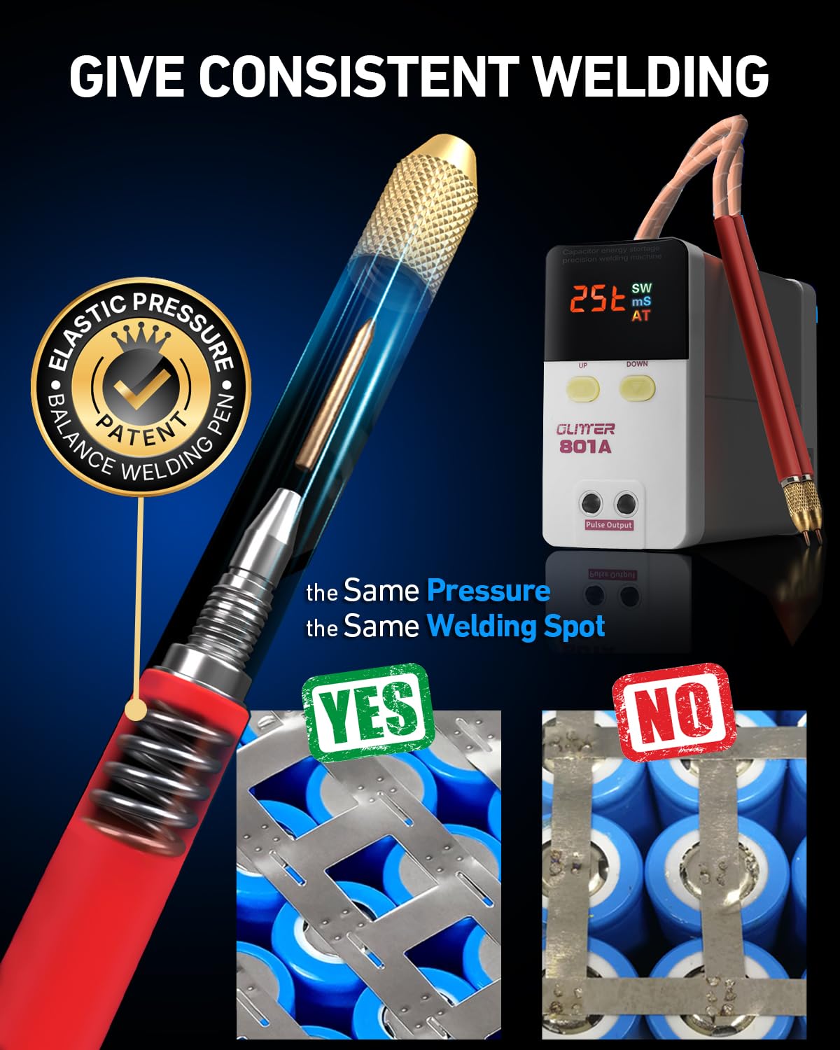 GLITTER Spot Welder, 10600W 1800A Battery Spot Welder, Auto Spot Weld Capacitor Spot Welder for Lithium Batteries, 99 Gears Battery Welder for 18650 Cell Phone DIY Repair with Butt Welding Base, 801A
