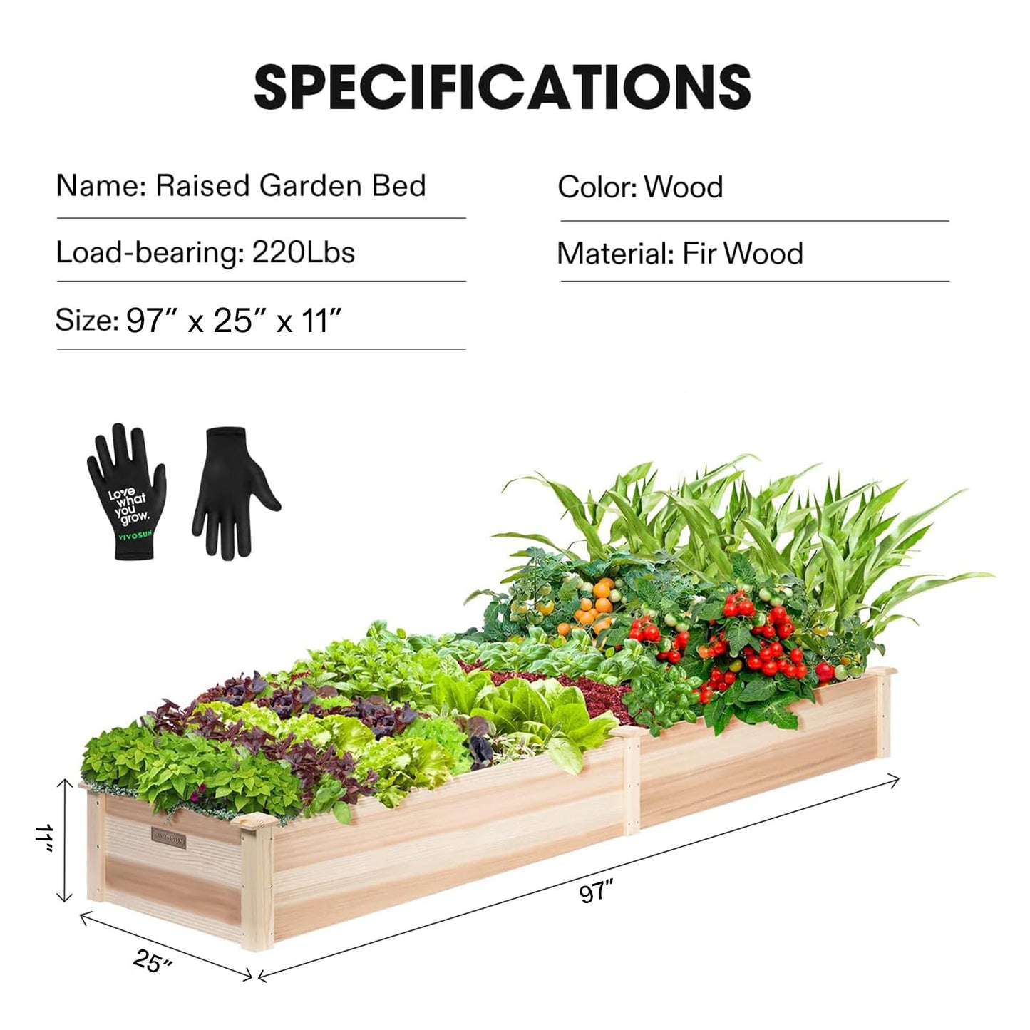 VIVOSUN 8×2Ft Wooden Raised Garden Bed, 97 x 25 x 11 Inches, Outdoor Wood Planter Box with Gloves and a Liner for Garden, Patio, Balcony, Backyard and Outdoors (Pack of 2)