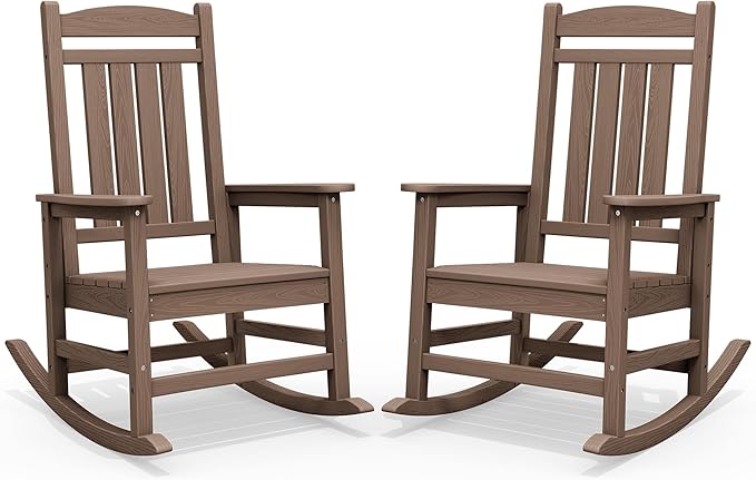 SERWALL HDPE Outdoor Rocking Chair Set of 2, Patio Rocking Chairs, All-Weather Porch Rockers for Adults, Brown