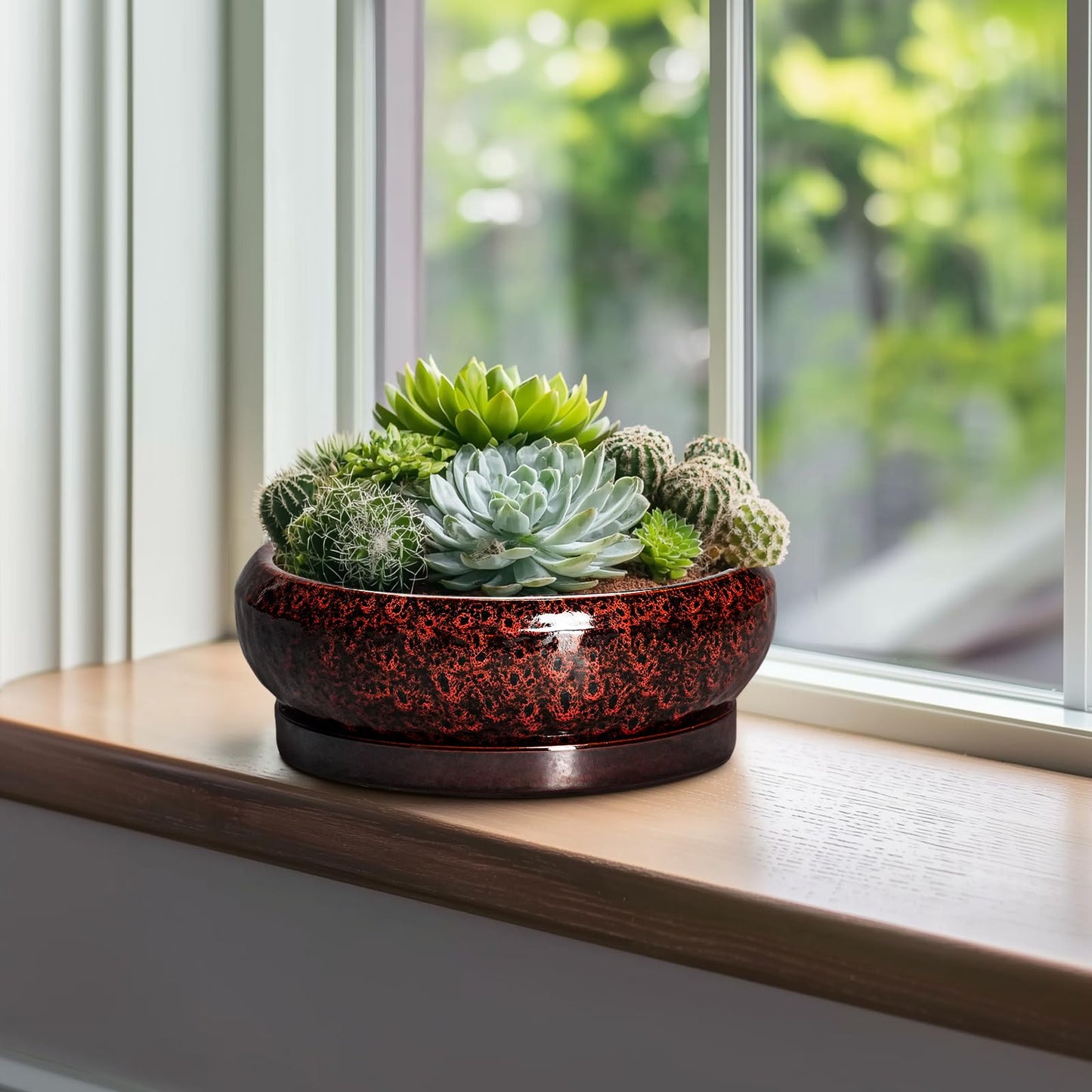 EPFamily Bonsai Tree Pots - 10 Inch Ceramic Succulent Planters for Indoor Outdoor, Bonsai Pots with Drainage Hole and Saucer, Shallow Round Planter, Planter Bowl, Patio Decor, Gifts for Women, Red