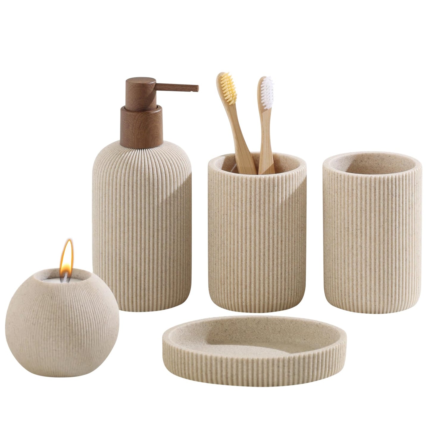 WUUAHOME Bathroom Accessories Set, 5 PCS Sandstone Look Stripe Modern Bath Organizer with Soap Dispenser, Toothbrush Holder, Tumbler, Soap Dish, Candle Holder for Countertop Kitchen Sink (Beige)