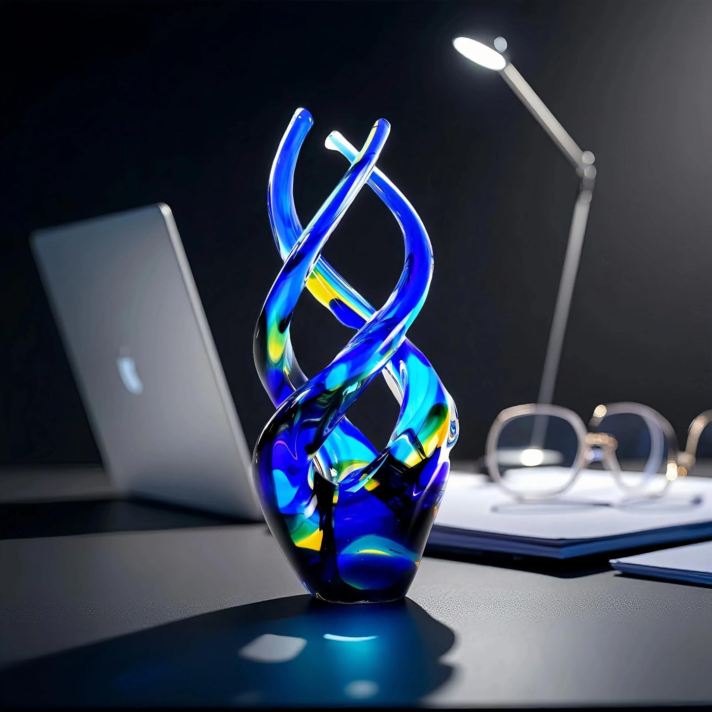 Mysphex Hand Blown Glass Decor - Cobalt Blue Glass Sculpture - Ocean Theme Spiral Kinetic Figurine, Light Reactive Gradient Decor for Home Office Garden, Ideal Gift for All Occasions