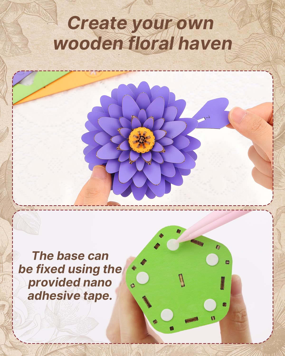 Kaayee 3D Flower Wooden Puzzles for Adults-Dahlia, Wooden Flowers Model Kit Set DIY Crafts to Build, Mother's Day/Botanical Collection/Ideal Creative Gift Ideas/Housewarming（117 PCS）