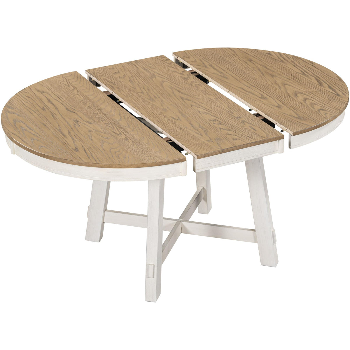 GDFStudio 42"-58" Farmhouse Extendable Dining Table for 4-6, Solid Wood Round Dining Table with 16" Leaf & X-Shaped Base, Kitchen & Dining Room Table, Space Saving, Oak Natural Wood+Antique White