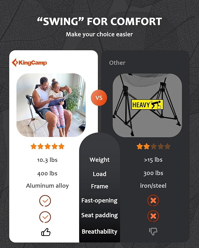 KingCamp Hammock Chair with Footrest – Heavy Duty Swinging Rocking Camping Chairs for Adults up to 400lbs, Folding Portable Oversized Rocker with Cup Holder & Pillow for Outdoor Beach Lawn RV Sports