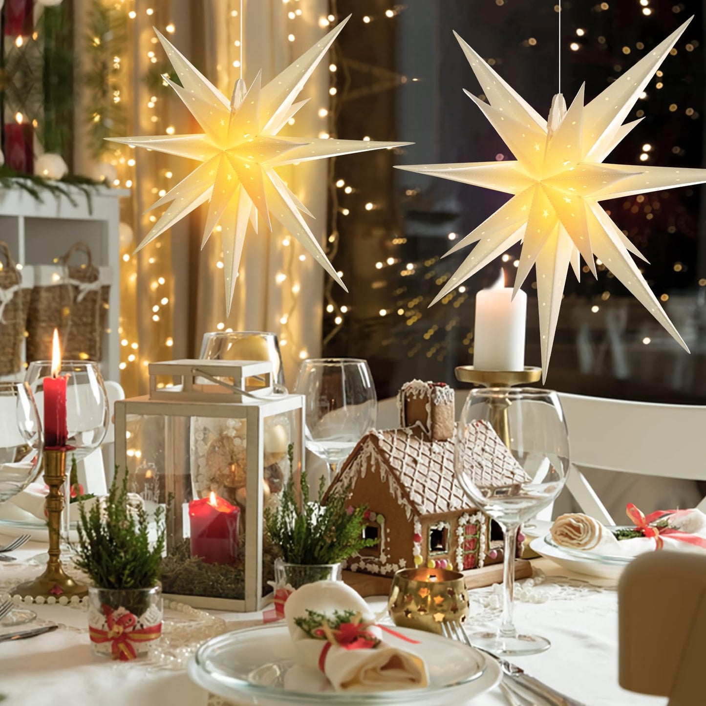 SUNBEAUTY 21 Inches White Large Moravian Stars Outdoor Light Warm White LED Hanging Star Lights 3D Christmas Tree Topper Star for Holiday Wedding Birthday Porch Party Decor