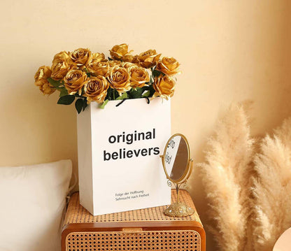 Laelfe 12 Pcs Christmas Gold Roses Artificial Flowers Long Stem Faux Silk Gold Flowers Fake Roses for Wedding Bridal Bouquet Home Party Hotel Garden Decorations