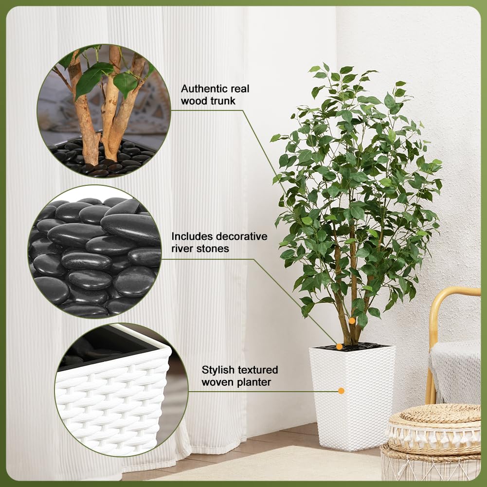 VeriNatural 5ft Artificial Ficus Tree,Tall Faux Tree with Pebbles & Planter UV Resistant Potted Fake Plant with Silk Leaves & Real Wood Trunk,Indoor Outdoor Floor Plant for Home,Living Room,VN129