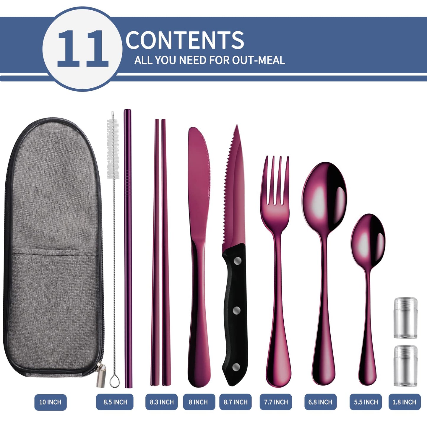 Logcow Travel Utensils Set with Case, 10-Piece Reusable Stainless Steel Camping Cutlery, Portable Fork Spoon Knife Chopsticks & Straw for Work, Lunch, Picnic (Purple)