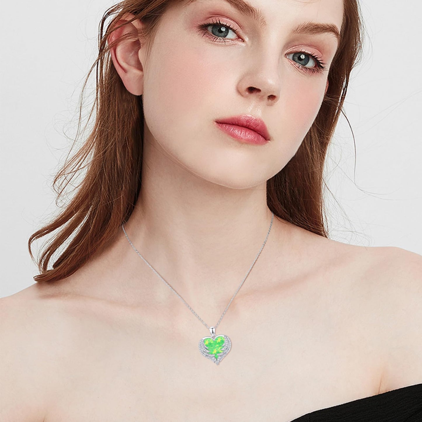 CUOKA MIRACLE Heart Necklace Angel Wing Heart Opal Necklace 925 Sterling Silver Women Necklace Guardian Angel Wings Pendant Necklace Dainty Opal Jewelry Birthday Gifts for Mom Women (Green Opal Wings)