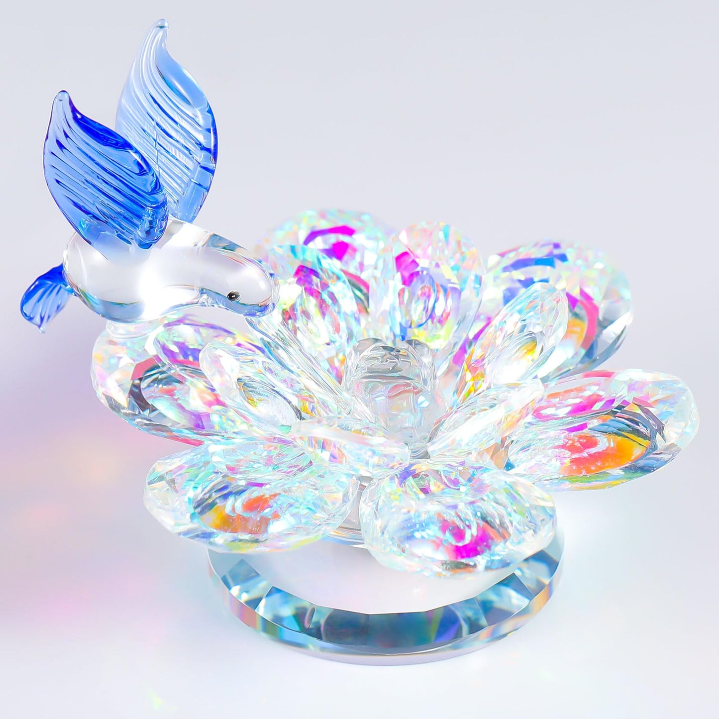 Movdyka Crystal Figurine Lotus Flower Decor Blue Hummingbird