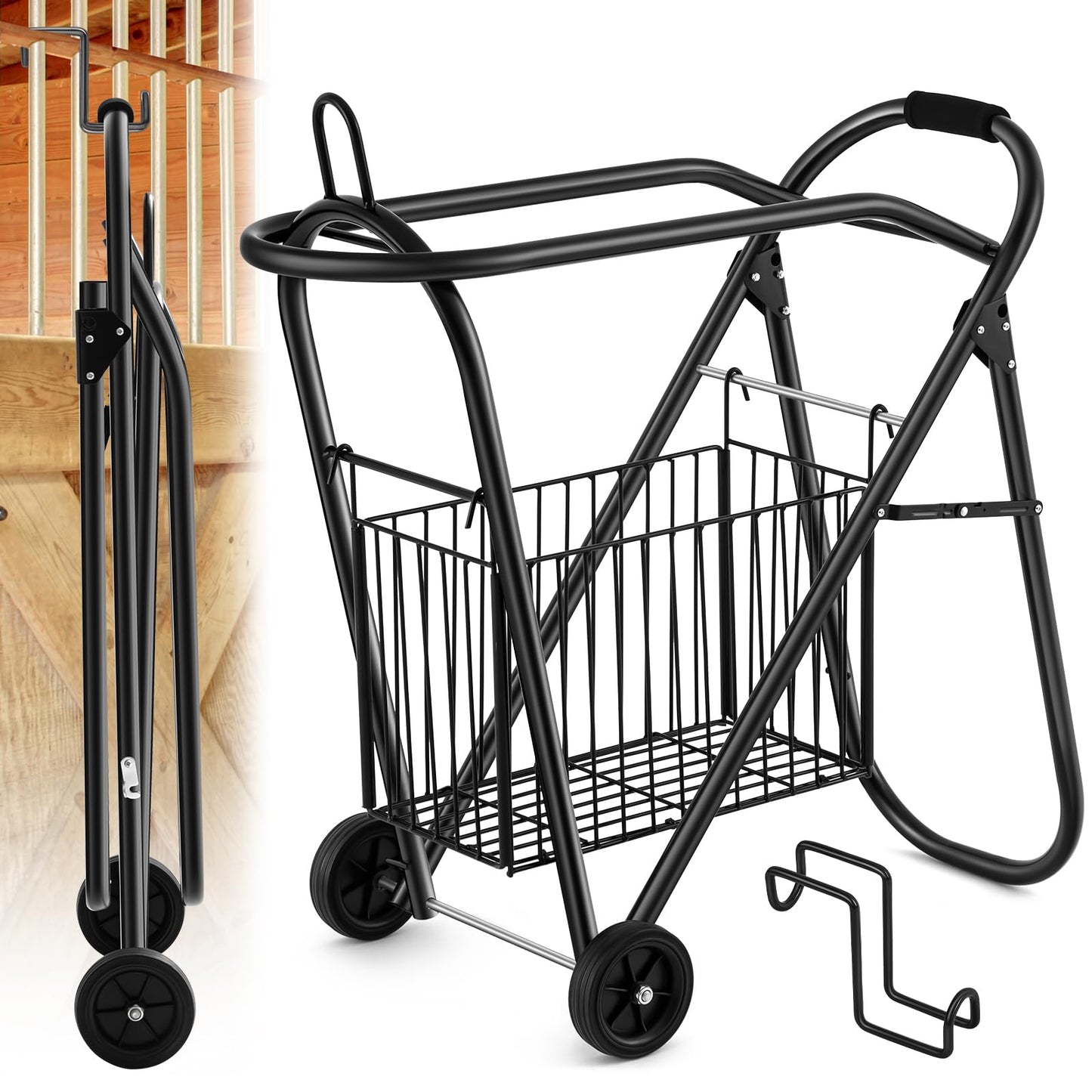Kritkin Horse Saddle Tack Cart with Wheels, Rolling Iron Heavy Duty Trailer Organizer with Hooks Foldable Horse Cinch Equipments Stable Storage Tool for Saddle Moving Transport Organizer Supplies