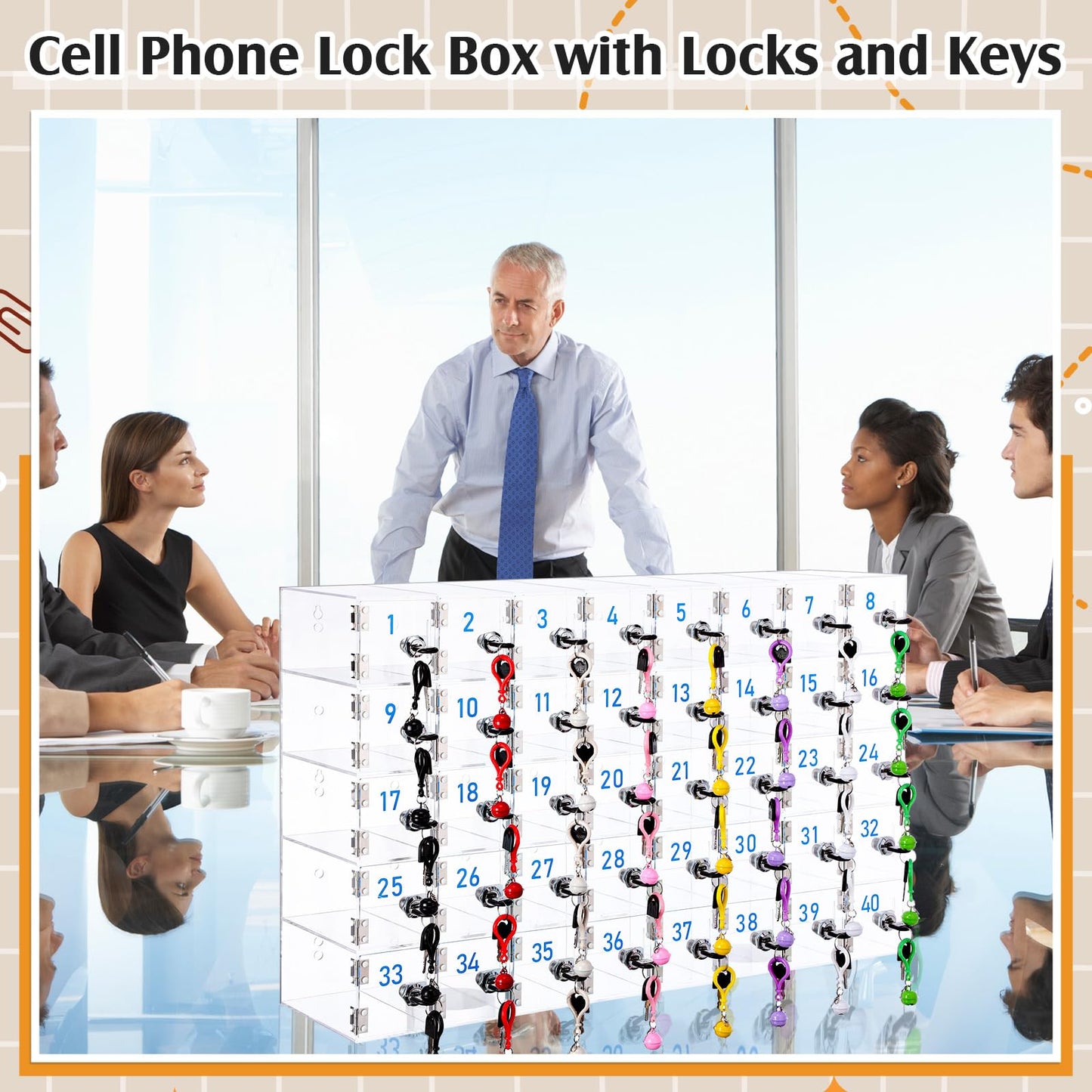 Singhoow 40 Doors Cell Phone Locker Box with Charging Hole (Upgrade Size), Clear Acrylic Cell Phone Storage Cabinet Wall Mounted, Locks, Key, Number for Classroom Employee Office School Factory